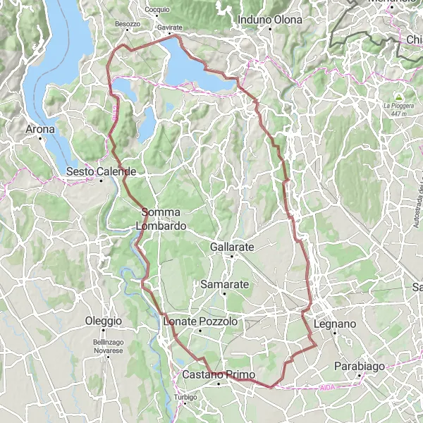 Map miniature of "Varese Gravel Adventure" cycling inspiration in Lombardia, Italy. Generated by Tarmacs.app cycling route planner