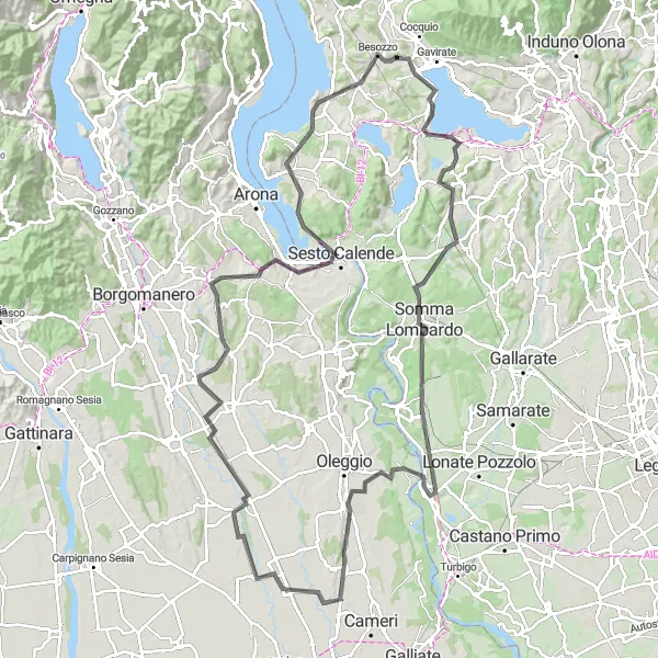 Mapa miniatúra "Road okolo Besozzo" cyklistická inšpirácia v Lombardia, Italy. Vygenerované cyklistickým plánovačom trás Tarmacs.app