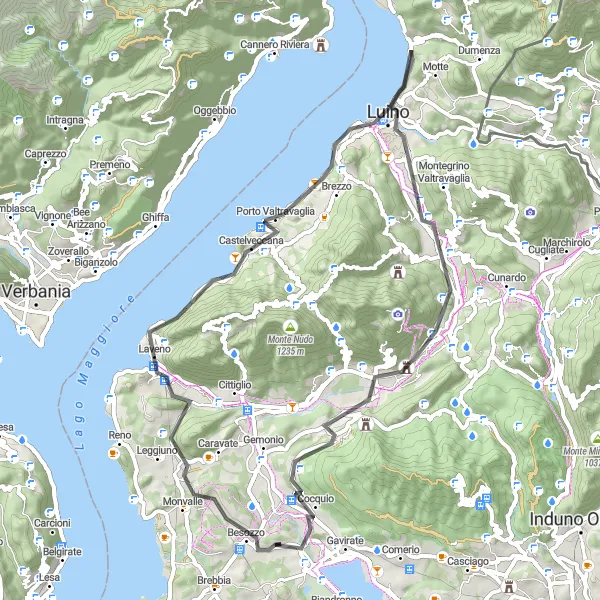 Kartminiatyr av "Sykkeltur til Leggiuno og Monte della Rocca" sykkelinspirasjon i Lombardia, Italy. Generert av Tarmacs.app sykkelrutoplanlegger