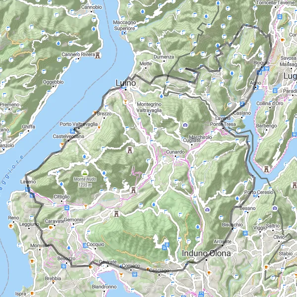 Zemljevid v pomanjšavi "Zahtevna kolesarska pot po jugozahodnem delu jezera Lugano" kolesarske inspiracije v Lombardia, Italy. Generirano z načrtovalcem kolesarskih poti Tarmacs.app