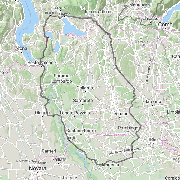 Miniatua del mapa de inspiración ciclista "Aventura en Carretera por Varese y Turbigo" en Lombardia, Italy. Generado por Tarmacs.app planificador de rutas ciclistas