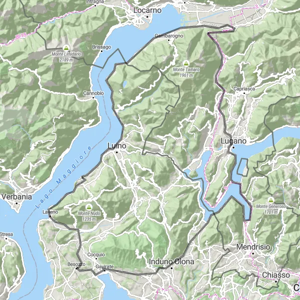 Miniature de la carte de l'inspiration cycliste "Tour du lac Majeur et du lac de Lugano" dans la Lombardia, Italy. Générée par le planificateur d'itinéraire cycliste Tarmacs.app