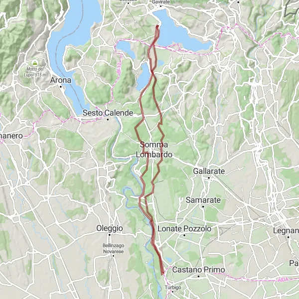 Miniatua del mapa de inspiración ciclista "Ruta en Grava a través de Biandronno y sus alrededores" en Lombardia, Italy. Generado por Tarmacs.app planificador de rutas ciclistas