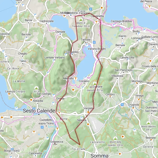 Map miniature of "Gravel Adventure near Varano Borghi" cycling inspiration in Lombardia, Italy. Generated by Tarmacs.app cycling route planner