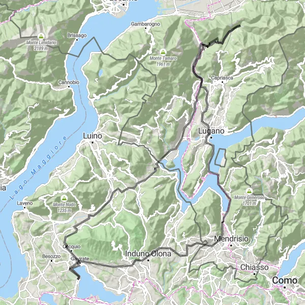 Map miniature of "Varese to Lugano Loop" cycling inspiration in Lombardia, Italy. Generated by Tarmacs.app cycling route planner