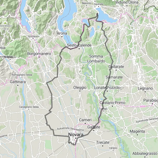 Map miniature of "Biandronno to Novara Loop" cycling inspiration in Lombardia, Italy. Generated by Tarmacs.app cycling route planner