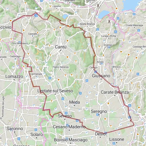 Miniatura della mappa di ispirazione al ciclismo "Esplorazione gravel tra Desio e Triuggio" nella regione di Lombardia, Italy. Generata da Tarmacs.app, pianificatore di rotte ciclistiche