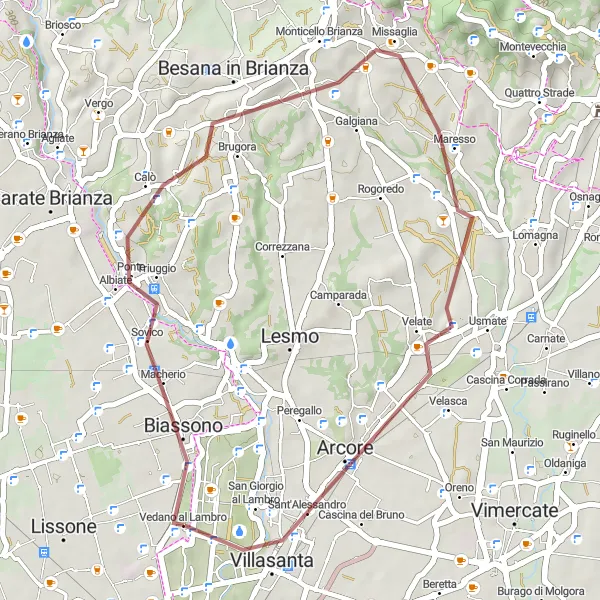 Mapa miniatúra "Gravelová trasa cez Triuggio a Villasanta" cyklistická inšpirácia v Lombardia, Italy. Vygenerované cyklistickým plánovačom trás Tarmacs.app