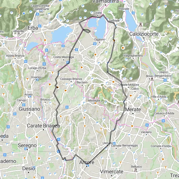 Mapa miniatúra "Dlhá cyklotrasa s náročnými stúpaniami" cyklistická inšpirácia v Lombardia, Italy. Vygenerované cyklistickým plánovačom trás Tarmacs.app