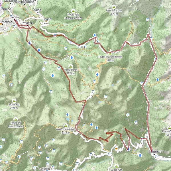 Zemljevid v pomanjšavi "Izzivalna Gravel Pot okoli Bienno" kolesarske inspiracije v Lombardia, Italy. Generirano z načrtovalcem kolesarskih poti Tarmacs.app