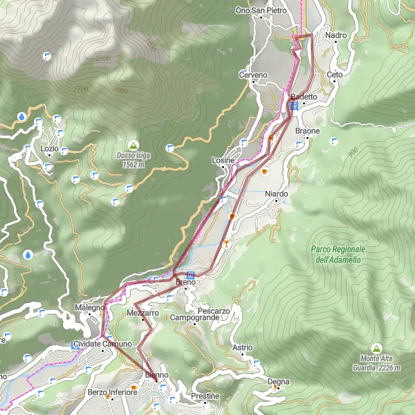 Miniaturní mapa "Gravelový okruh okolo Bienno" inspirace pro cyklisty v oblasti Lombardia, Italy. Vytvořeno pomocí plánovače tras Tarmacs.app