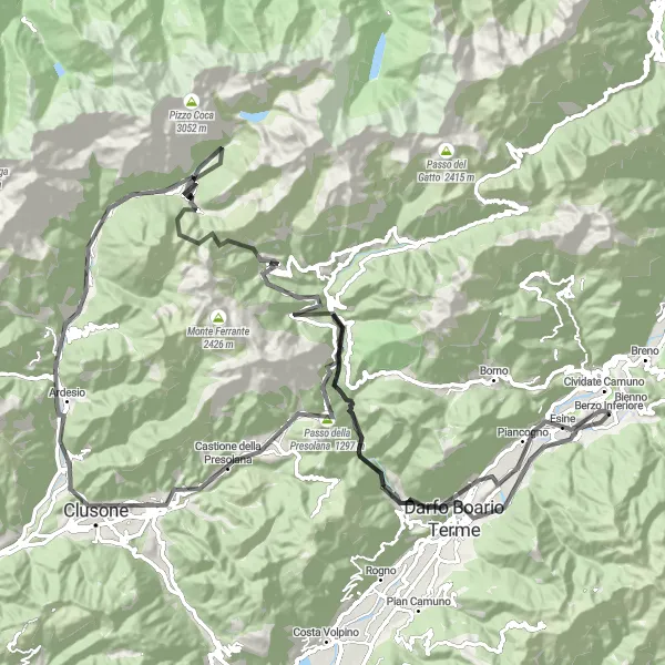 Miniaturní mapa "Cyklistická trasa Presolana a okolí" inspirace pro cyklisty v oblasti Lombardia, Italy. Vytvořeno pomocí plánovače tras Tarmacs.app
