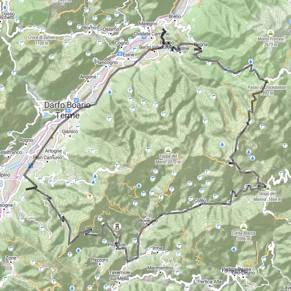 Miniatura della mappa di ispirazione al ciclismo "Giro in bicicletta a partire da Bienno" nella regione di Lombardia, Italy. Generata da Tarmacs.app, pianificatore di rotte ciclistiche