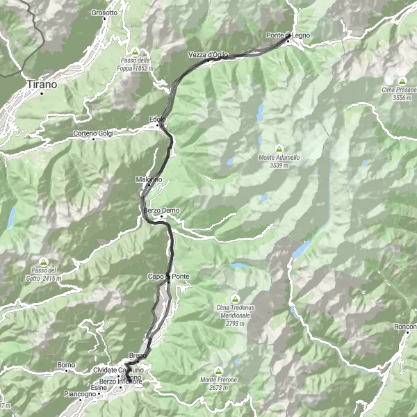 Miniature de la carte de l'inspiration cycliste "Découverte des vallées autour de Bienno" dans la Lombardia, Italy. Générée par le planificateur d'itinéraire cycliste Tarmacs.app