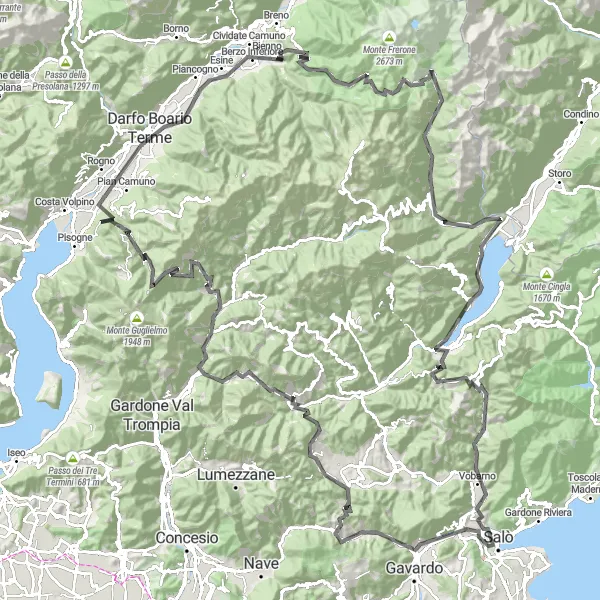 Mapa miniatúra "Náročný okruh od Bienno" cyklistická inšpirácia v Lombardia, Italy. Vygenerované cyklistickým plánovačom trás Tarmacs.app