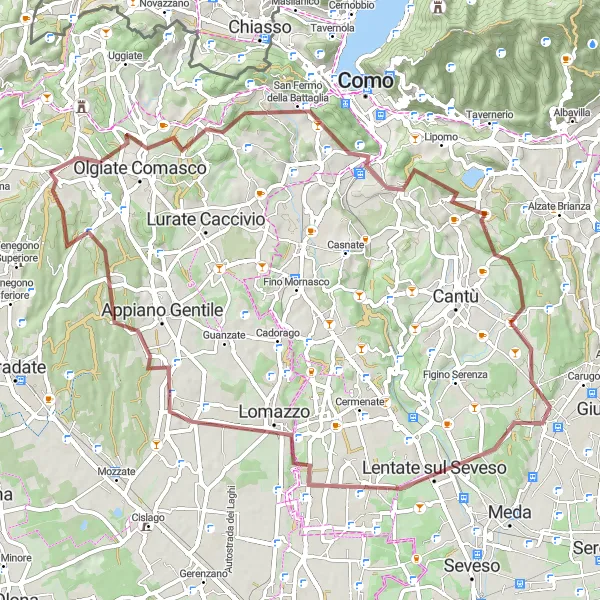 Map miniature of "Gravel Magic - Mariano Comense to Castelnuovo Bozzente" cycling inspiration in Lombardia, Italy. Generated by Tarmacs.app cycling route planner
