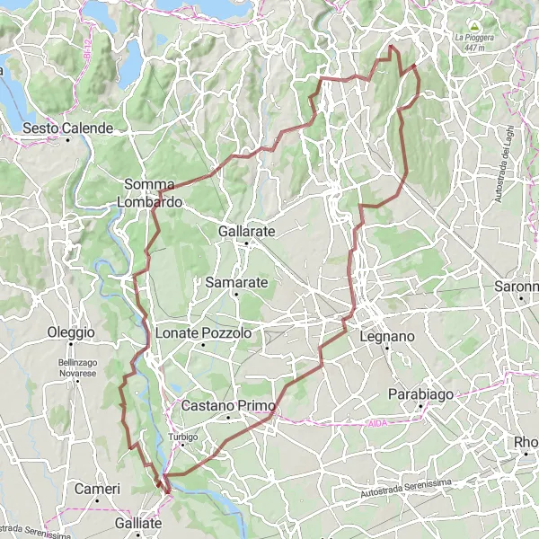 Mapa miniatúra "Gravelový okruh cez Carnago" cyklistická inšpirácia v Lombardia, Italy. Vygenerované cyklistickým plánovačom trás Tarmacs.app