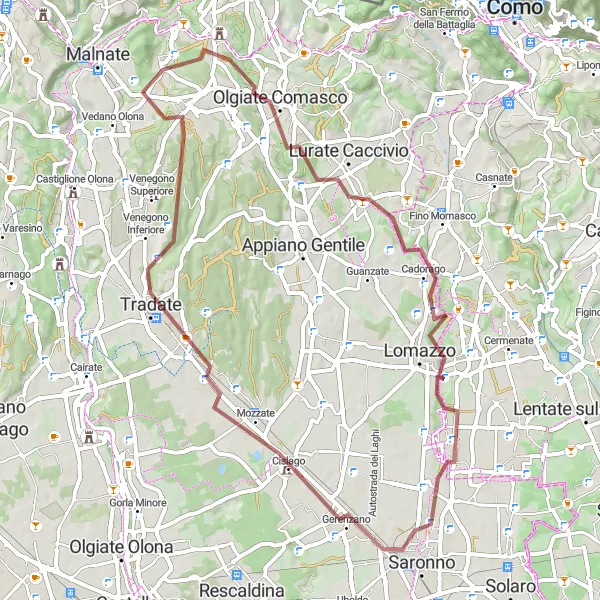 Miniatua del mapa de inspiración ciclista "Ruta de Grava por Rovellasca y Venegono Inferiore" en Lombardia, Italy. Generado por Tarmacs.app planificador de rutas ciclistas