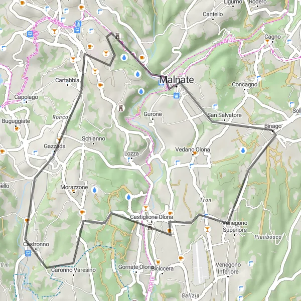 Mapa miniatúra "Cyklistická trasa okolo Binaga" cyklistická inšpirácia v Lombardia, Italy. Vygenerované cyklistickým plánovačom trás Tarmacs.app
