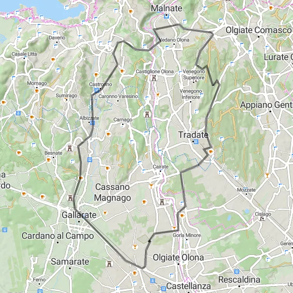 Map miniature of "Abbiate Guazzone and Monte Roncaccio Road Route" cycling inspiration in Lombardia, Italy. Generated by Tarmacs.app cycling route planner