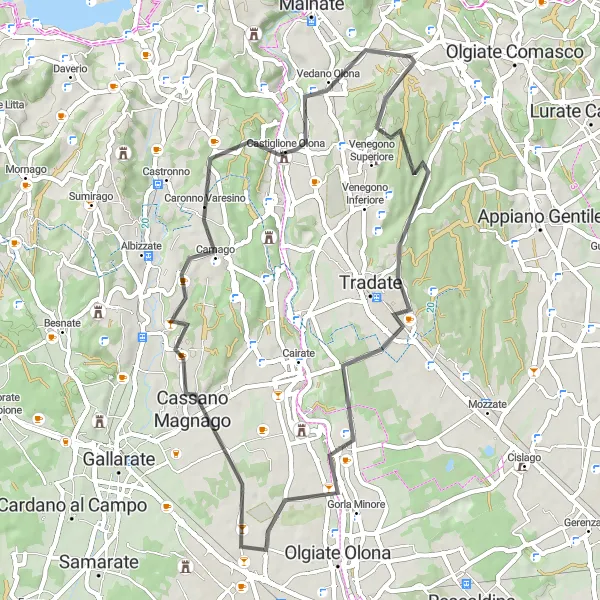 Zemljevid v pomanjšavi "Ciklotur Binago - Abbiate Guazzone - Gorla Minore - Carnago - Vedano Olona" kolesarske inspiracije v Lombardia, Italy. Generirano z načrtovalcem kolesarskih poti Tarmacs.app