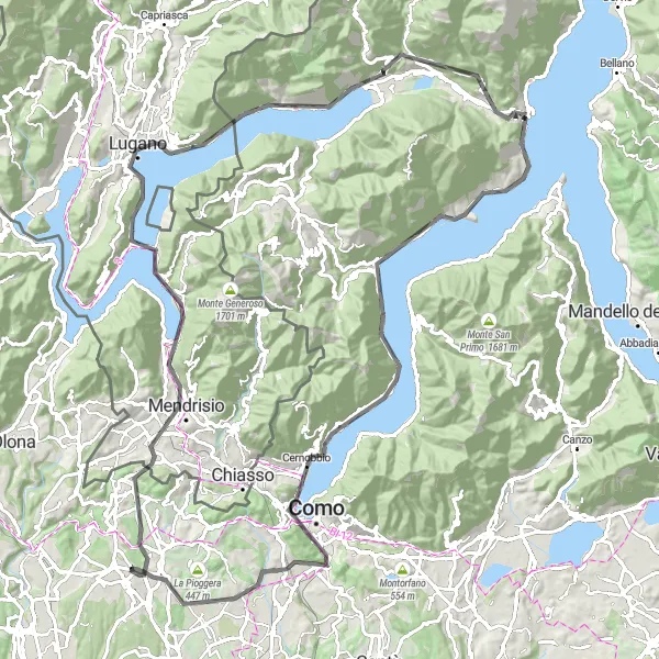 Miniaturní mapa "Okružní cyklistická trasa Mendrisio-Lugano-Como z Binaga" inspirace pro cyklisty v oblasti Lombardia, Italy. Vytvořeno pomocí plánovače tras Tarmacs.app