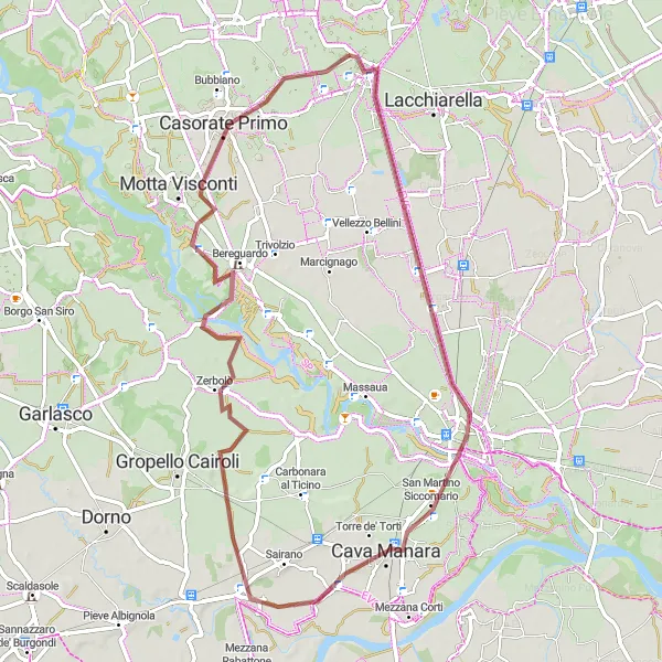 Mapa miniatúra "Gravelový okruh cez Borgarello a Bereguardo" cyklistická inšpirácia v Lombardia, Italy. Vygenerované cyklistickým plánovačom trás Tarmacs.app