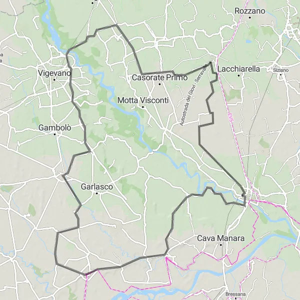 Map miniature of "The Pavia Loop" cycling inspiration in Lombardia, Italy. Generated by Tarmacs.app cycling route planner