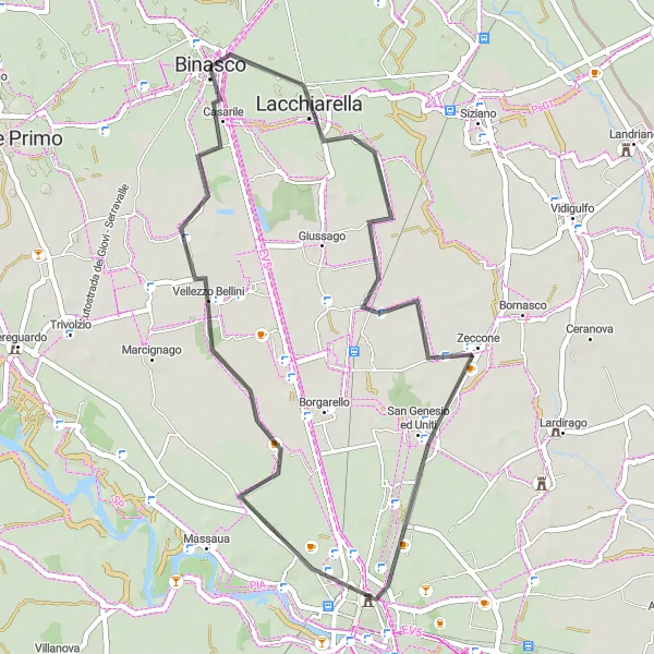 Miniaturní mapa "Okružní cyklotrasa Pavia" inspirace pro cyklisty v oblasti Lombardia, Italy. Vytvořeno pomocí plánovače tras Tarmacs.app