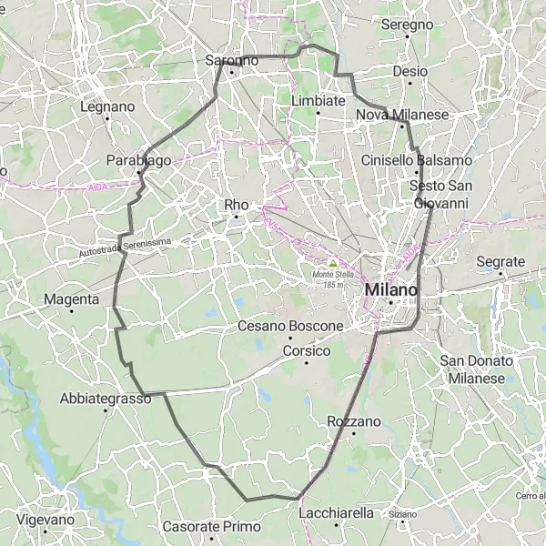 Kartminiatyr av "Landsbygdsutflykt till Varedo" cykelinspiration i Lombardia, Italy. Genererad av Tarmacs.app cykelruttplanerare