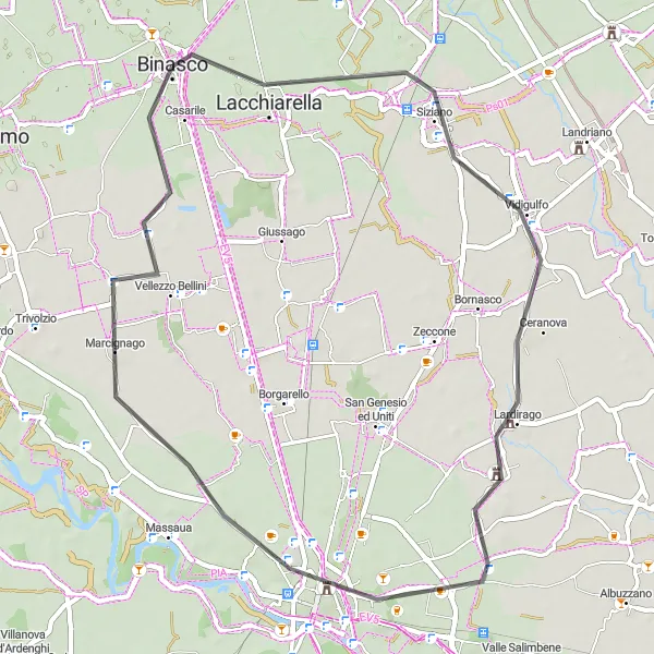 Zemljevid v pomanjšavi "Road Lacchiarella - Pavia Loop" kolesarske inspiracije v Lombardia, Italy. Generirano z načrtovalcem kolesarskih poti Tarmacs.app
