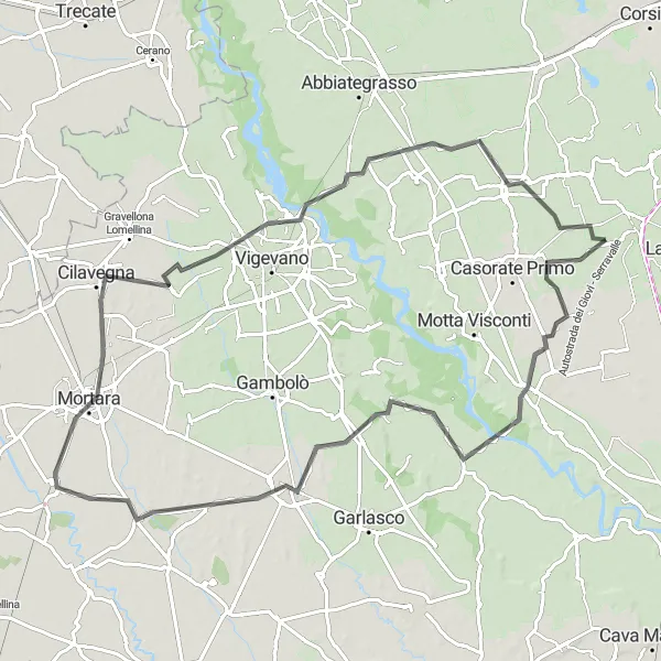 Miniaturní mapa "Okružní cyklistická trasa z Binasco" inspirace pro cyklisty v oblasti Lombardia, Italy. Vytvořeno pomocí plánovače tras Tarmacs.app