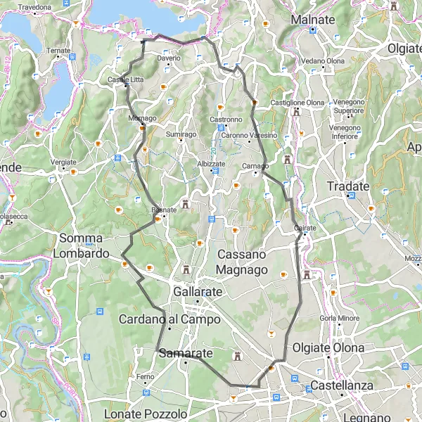 Miniatua del mapa de inspiración ciclista "Ruta Campestre a Lomnago y Fagnano Olona" en Lombardia, Italy. Generado por Tarmacs.app planificador de rutas ciclistas