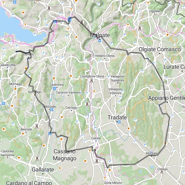 Mapa miniatúra "Cyklotrasa okolo Varesa" cyklistická inšpirácia v Lombardia, Italy. Vygenerované cyklistickým plánovačom trás Tarmacs.app