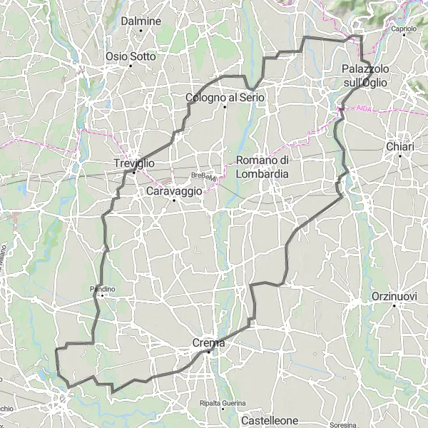 Miniatua del mapa de inspiración ciclista "Desafío ciclista a través de paisajes variados" en Lombardia, Italy. Generado por Tarmacs.app planificador de rutas ciclistas