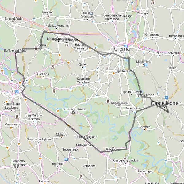 Miniatua del mapa de inspiración ciclista "Ruta de ciclismo de carretera a través de Crema y Lodi" en Lombardia, Italy. Generado por Tarmacs.app planificador de rutas ciclistas