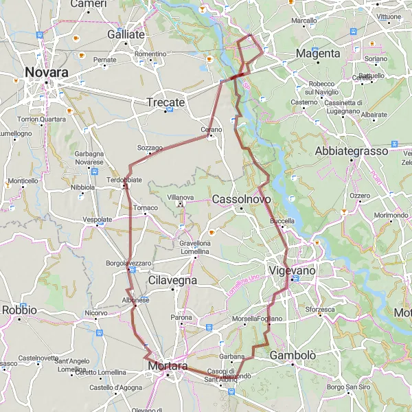 Map miniature of "Vigevano and Sozzago Gravel Adventure" cycling inspiration in Lombardia, Italy. Generated by Tarmacs.app cycling route planner