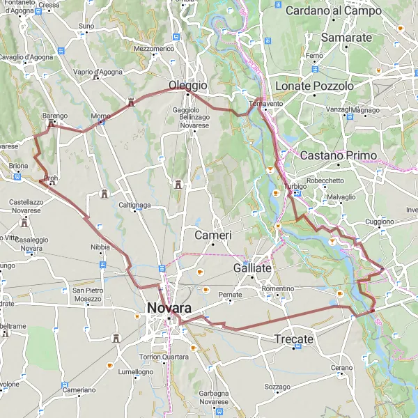 Mapa miniatúra "Gravel Route to Novara" cyklistická inšpirácia v Lombardia, Italy. Vygenerované cyklistickým plánovačom trás Tarmacs.app