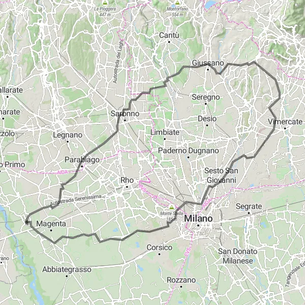 Map miniature of "The Lakes and Hills Ride" cycling inspiration in Lombardia, Italy. Generated by Tarmacs.app cycling route planner