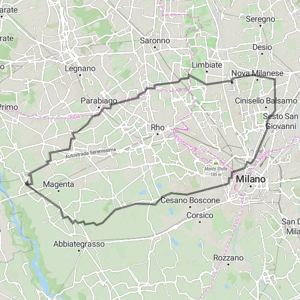 Kartminiatyr av "Nerviano til Robecco sul Naviglio sykkeltur" sykkelinspirasjon i Lombardia, Italy. Generert av Tarmacs.app sykkelrutoplanlegger