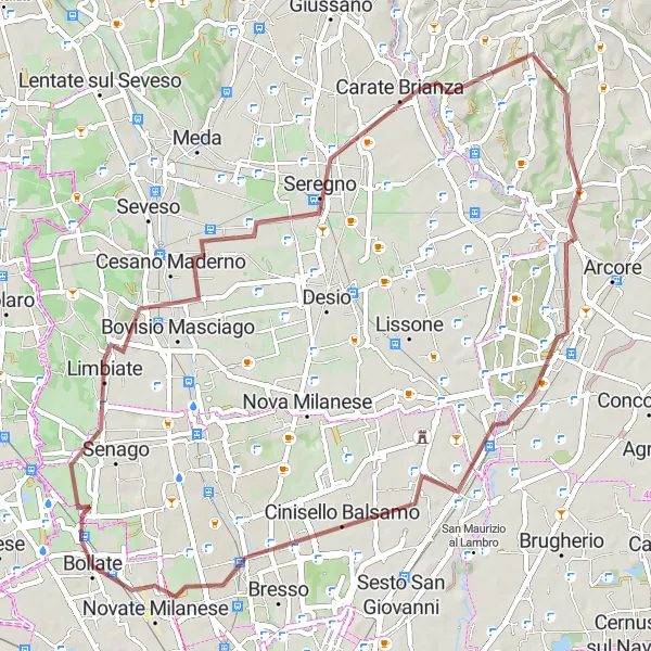 Miniature de la carte de l'inspiration cycliste "La Randonnée Gravel des Lacs Lombards" dans la Lombardia, Italy. Générée par le planificateur d'itinéraire cycliste Tarmacs.app