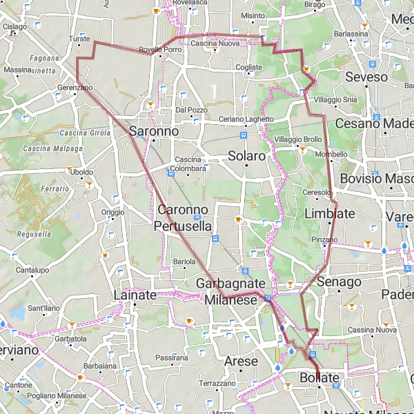 Miniatua del mapa de inspiración ciclista "Ruta de ciclismo de grava a través de Caronno Pertusella y más" en Lombardia, Italy. Generado por Tarmacs.app planificador de rutas ciclistas