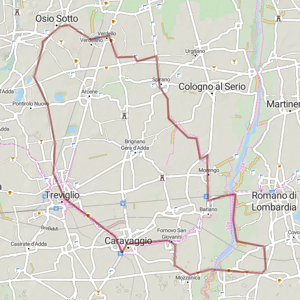 Miniatura della mappa di ispirazione al ciclismo "Percorso in gravel da Boltiere a Castel Cerreto passando per Caravaggio" nella regione di Lombardia, Italy. Generata da Tarmacs.app, pianificatore di rotte ciclistiche