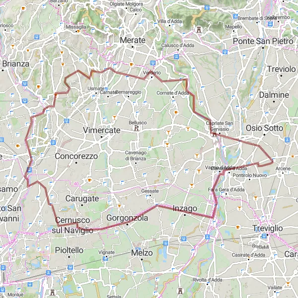 Miniatura della mappa di ispirazione al ciclismo "Esplorazione in Gravel tra Boltiere e Brembate" nella regione di Lombardia, Italy. Generata da Tarmacs.app, pianificatore di rotte ciclistiche