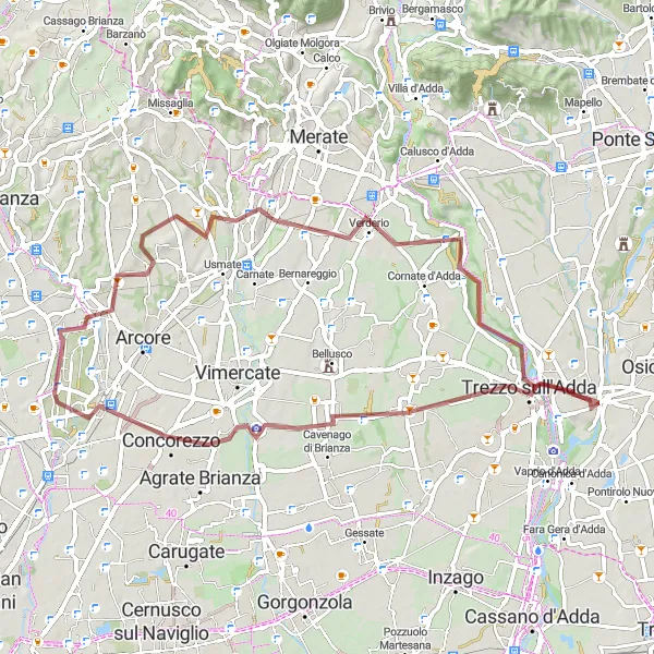 Karten-Miniaturansicht der Radinspiration "Gravel-Tour durch Trezzo sull'Adda und Ronco Briantino" in Lombardia, Italy. Erstellt vom Tarmacs.app-Routenplaner für Radtouren