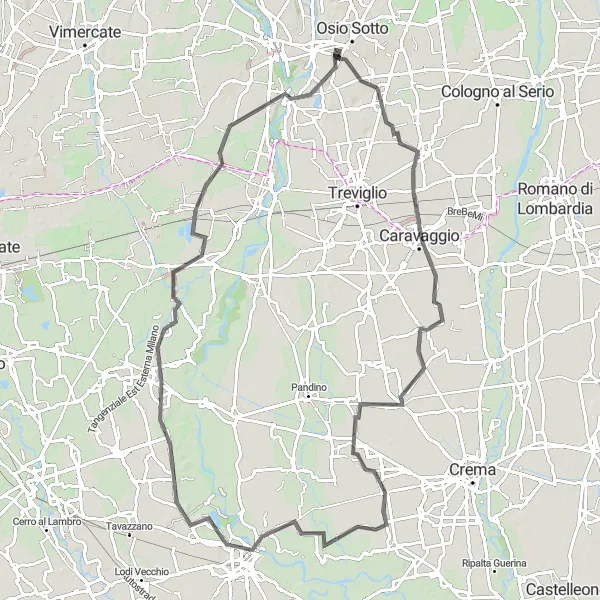 Map miniature of "The Caravaggio Loop" cycling inspiration in Lombardia, Italy. Generated by Tarmacs.app cycling route planner