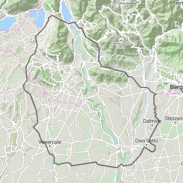 Miniatuurkaart van de fietsinspiratie "Uitdagende 95 km lange route door heuvelachtig terrein" in Lombardia, Italy. Gemaakt door de Tarmacs.app fietsrouteplanner