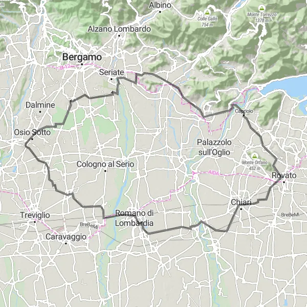 Zemljevid v pomanjšavi "Raznolika kolesarska pot od Boltiere do Brignano Gera d'Adda" kolesarske inspiracije v Lombardia, Italy. Generirano z načrtovalcem kolesarskih poti Tarmacs.app