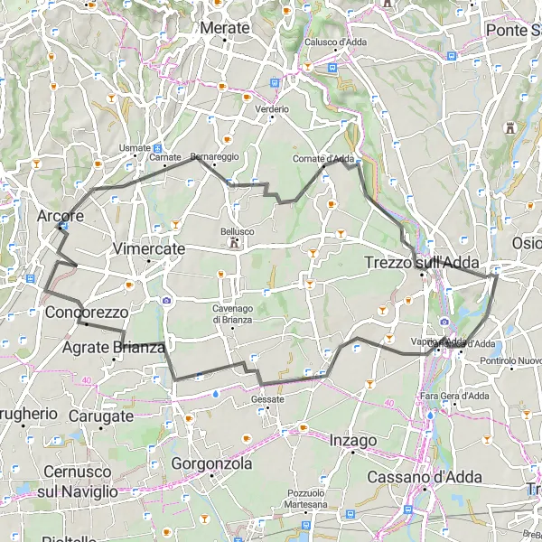Zemljevid v pomanjšavi "Kolesarska pot skozi Basiano, Caponago, Arcore, Cornate d'Adda in Capriate San Gervasio" kolesarske inspiracije v Lombardia, Italy. Generirano z načrtovalcem kolesarskih poti Tarmacs.app