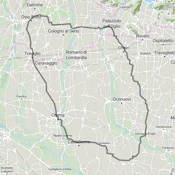 Mapa miniatúra "Výlet cez lombardskú krajinu" cyklistická inšpirácia v Lombardia, Italy. Vygenerované cyklistickým plánovačom trás Tarmacs.app